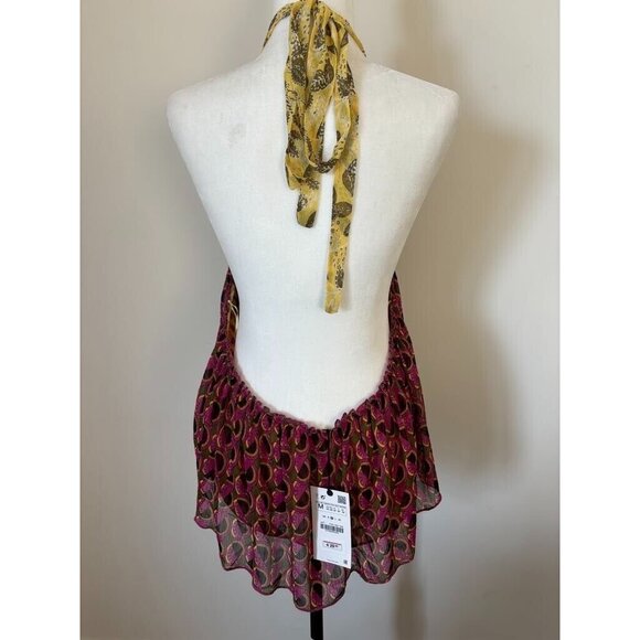 NWT ZARA Halter Top Chiffon Size Medium Backless Geometric Floral Print Boho - Picture 7 of 9